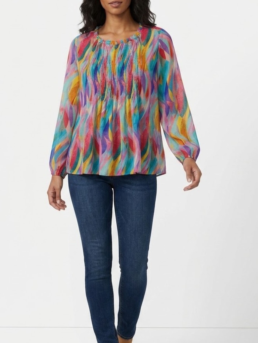 APNY Medium Abstract Wave Print Ruffle Neck Smocked Blouse Multicolor Size M